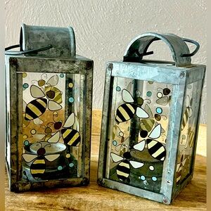 Vintage Galvanized Candle Lantern Glass decorated with bees. Set of 2.